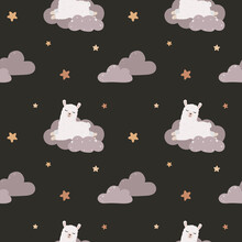 Seamless Childish Pattern With Sleeping Llama (alpaca), Clouds, Stars. Baby Texture For Fabric, Wrapping, Textile, Wallpaper, Clothing. Vector Illustration. Good Night