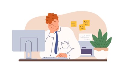 Poster - Tired sleepy office worker sleeping at work. Drowsy man falling asleep at workplace. Exhausted employee dozing and dreaming at computer. Flat vector illustration isolated on white background