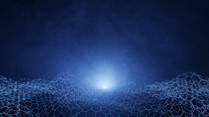 Poster - 3D Rendering of abstract wavy hexagon with glowing led light at center. For hi tech product, ai, crypto currency, business technology background
