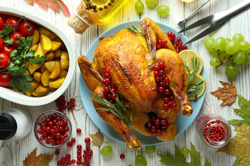 Thanksgiving Day roast turkey concept on white wooden table