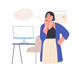 Aufkleber - Happy employee thinking, creating ideas, coming up with insights and solutions at work. Thoughtful creative business woman with thought bubble. Flat vector illustration isolated on white background