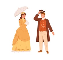 American Man And Woman Of 19th Century. Noble People In Vintage Clothes. Gentleman With Hat Off Greeting Lady In Petticoat Dress With Umbrella. Flat Vector Illustration Isolated On White Background