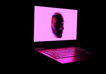 Aufkleber - Sci-fi 3D illustration of a laptop and a face appearing from a glowing neon screen. 