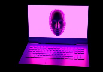 Aufkleber - Sci-fi 3D illustration of a laptop and a face appearing from a glowing neon screen. 