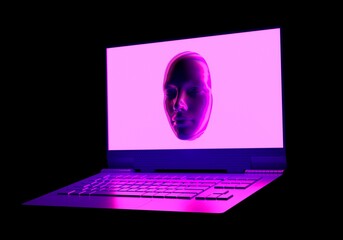 Wall Mural - Sci-fi 3D illustration of a laptop and a face appearing from a glowing neon screen. 