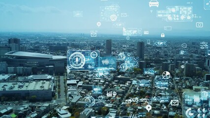 Aufkleber - City infrastructure and communication network. Digital transformation. IoT (Internet of Things). ICT (Information Communication Technology).