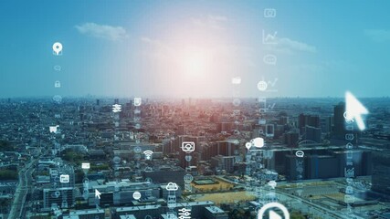 Poster - Smart city and communication network concept. 5G. IoT (Internet of Things). Telecommunication.