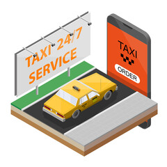 Wall Mural - Yellow cab taxi 24/7 service isometric billboard banner. Online navigation application order classic taxi service. Isometry 3D app car on road. Vehicle itinerary route banner. Get a taxi cab online