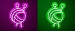 Glowing neon line Yarn ball with knitting needles icon isolated on purple and green background. Label for hand made, knitting or tailor shop. Vector