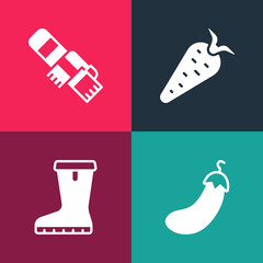 Sticker - Set pop art Eggplant, Waterproof rubber boot, Carrot and Winter scarf icon. Vector