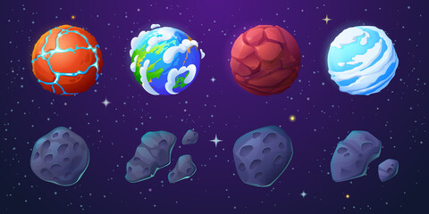 Poster - earth, alien planets and asteroids in outer space with stars. vector cartoon set of stone meteorites