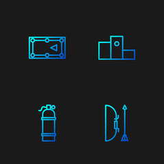 Poster - Set line Bow and arrow in quiver, Aqualung, Billiard table and Award over sports winner podium. Gradient color icons. Vector