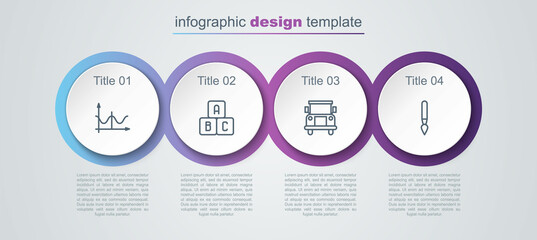 Wall Mural - Set line Graph, schedule, chart, diagram, ABC blocks, School Bus and Paint brush. Business infographic template. Vector