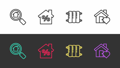 Sticker - Set line Search house, House with percant discount, Heating radiator and heart shape on black and white. Vector