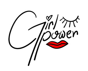Lipstick kiss and girl power slogan text