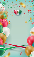 Wall Mural - Mexico national holiday banner with space for text. Happy Independence Day of Mexico vertical poster, card, flyer with glossy inflatable balloons in patriotic colors realistic vector illustration.