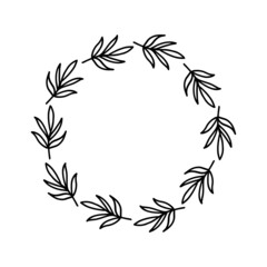 Wall Mural - Hand-drawn wreath on white background. Black plant doodle wreath.