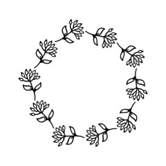 Wall Mural - Hand-drawn wreath on white background. Black plant doodle wreath.