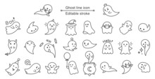 Halloween Ghost Line Icon. Vector Cute Line Art Ghost. Editable Stroke.