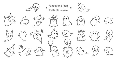 Halloween ghost line icon. Vector cute line art ghost. Editable stroke.