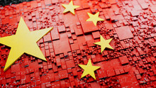Chinese Flag Rendered As Futuristic 3D Blocks. China Network Concept. Tech Background.