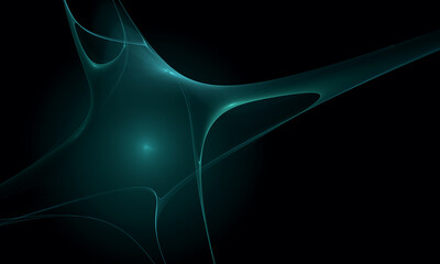Wall Mural - Fantastic diagonal 3d digital fluid stretchy substance in turquoise neon light floating or soaring in deep dark space. Great as technology or sci fi concept, background, cover or element of design.