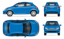 Blue Car Vector Mockup On White Background For Vehicle Branding, Corporate Identity. View From Side, Front, Back, Top. All Elements In The Groups On Separate Layers For Easy Editing And Recolor