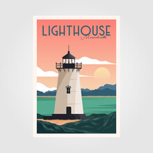 Lighthouse And Sunset View Vintage Poster Vector Background Illustration Design, Vintage Ocean Park Poster Design