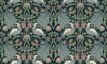 Floral Vintage Seamless Pattern Wit Birds For Retro Wallpapers. Enchanted Vintage Flowers. Arts And Crafts Movement Inspired. Design For Wrapping Paper, Wallpaper, Fabrics And Fashion Clothes.