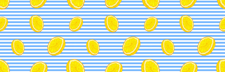 vector seamless pattern: lemons, striped blue and white background and bright yellow citrus, colorfu