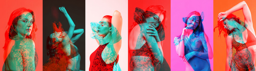 Set of conceptual images with young adorable woman and purebred dog isolated over colored background with glitch effect, split personality. Art collage