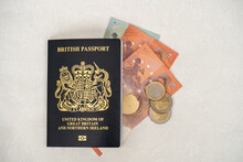 Post Brexit British Passport United Kingdom Of Great Britain And Northern Ireland With Euro Notes And Coins