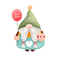Digital Painting Watercolor Gnomes On White Background.isolated Cute Cartoon Character.happy Birthday Concept.gnome Holding Cake Strawberries And Balloons.design  For Decorating,sticker,scrapbook.