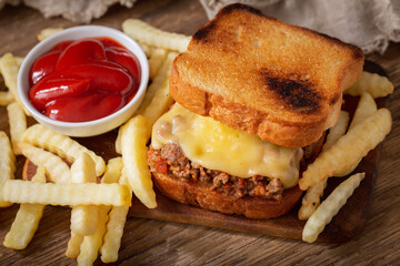 Wall Mural - sloppy joe sandwich with ground meat and french fries