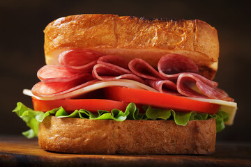 Wall Mural - sandwich with salami, cheese and vegetables