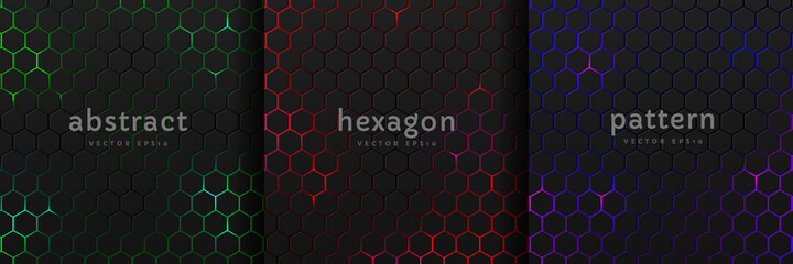 Wall Mural - Set of black hexagon pattern on glowing red, blue, green neon abstract background in technology style. Modern futuristic geometric shape collection vector design. Can use for cover template, poster.