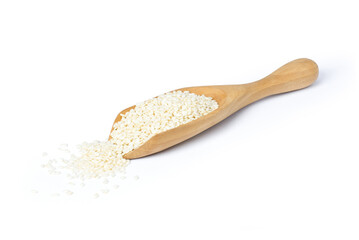 Canvas Print - White sesame seeds in wooden scoop isolated on white background.