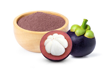 Wall Mural - Mangosteen peel powder in wooden bowl and fresh mangosteen fruit isolated on white background.