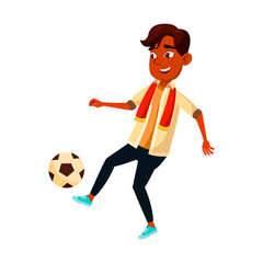 Sticker - School Boy Playing Soccer Sport Team Game Vector. Hispanic Schoolboy Play With Ball In Soccer. Character Teenager Player Enjoying Football Active Sportive Time Flat Cartoon Illustration