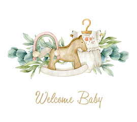 Watercolor illustration card welcome baby with eucalyptus, baby romper, rainbow.  Isolated on white background. Hand drawn clipart. Perfect for card, postcard, tags, invitation, printing, wrapping.