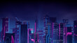 Cyberpunk City Skyline with Blue and Pink Neon lights. Night scene with Visionary Skyscrapers.