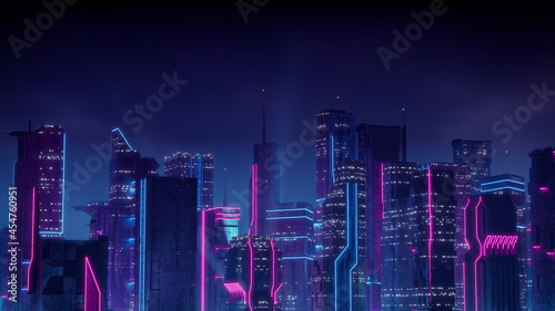 Cyberpunk City Skyline with Blue and Pink Neon lights. Night scene with ...