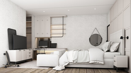 Poster - industrial loft bedroom interior design with white furniture bed sofa working table and tv cabinet with brick wall and concrete floor 3d rendering