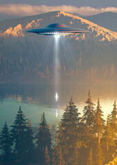 Wall Mural - ufo flying over a lake in mountains with an abducted glowing alien near a forest of fir - concept ar