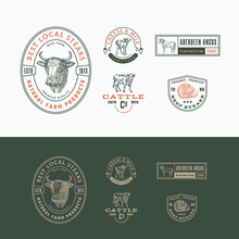 Best Local Cattle Farm Retro Framed Badges Or Logo Templates Collection. Hand Drawn Beef Steak And Cows Animals Sketches With Retro Typography. Vintage Sketch Emblems Set. Isolated