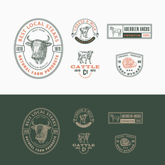 Wall Mural - Best Local Cattle Farm Retro Framed Badges or Logo Templates Collection. Hand Drawn Beef Steak and Cows Animals Sketches with Retro Typography. Vintage Sketch Emblems Set. Isolated