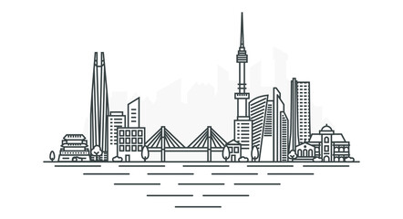 Wall Mural - City of Seoul, South Korea architecture line skyline illustration. Linear vector cityscape with famous landmarks, city sights, design icons, with editable strokes isolated on white background.
