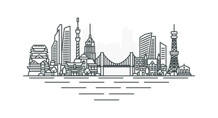 Sticker - City of Tokyo, Japan architecture line skyline illustration. Linear vector cityscape with famous landmarks, city sights, design icons, with editable strokes isolated on white background.