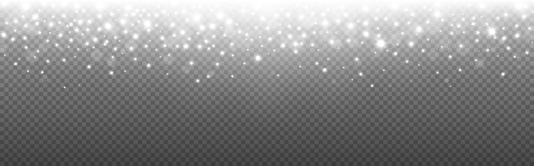 Poster - Glitter silver background. Christmas particles and stars on transparent backdrop. Silver dust effect with confetti. White holiday decoration. Vector illustration