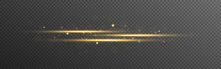 Poster - Yellow lens on dark backdrop. Bright gold rays with particles and bokeh. Christmas design elements. Glowing horizontal lines. Luxury light effect. Vector illustration